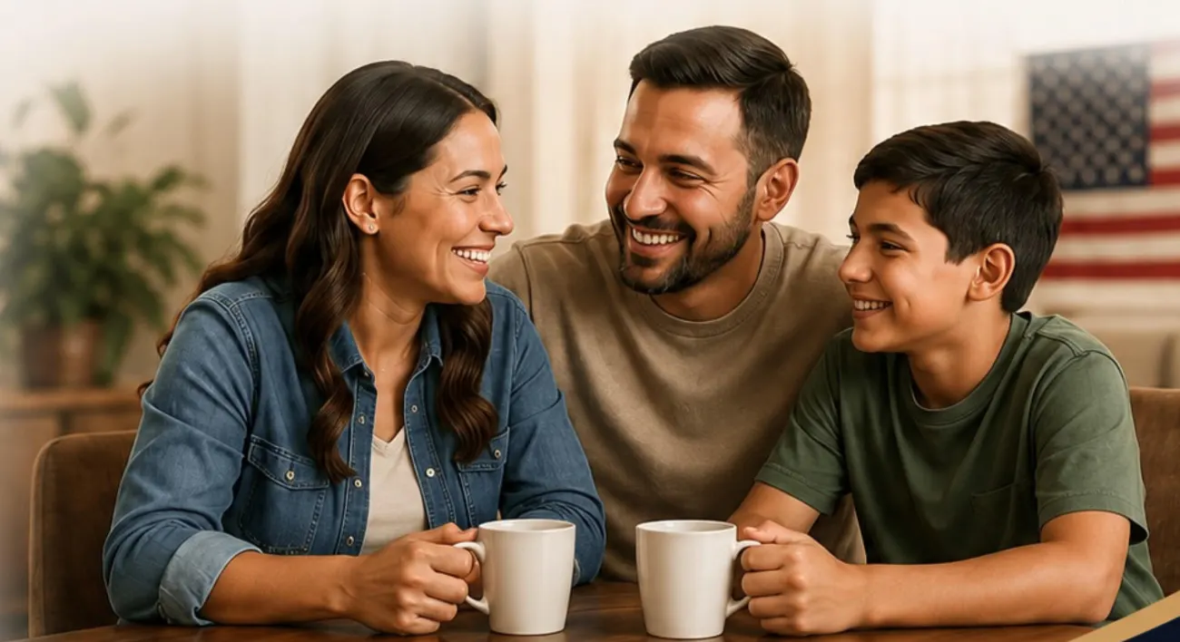 Família brasileira sorrindo à mesa com café